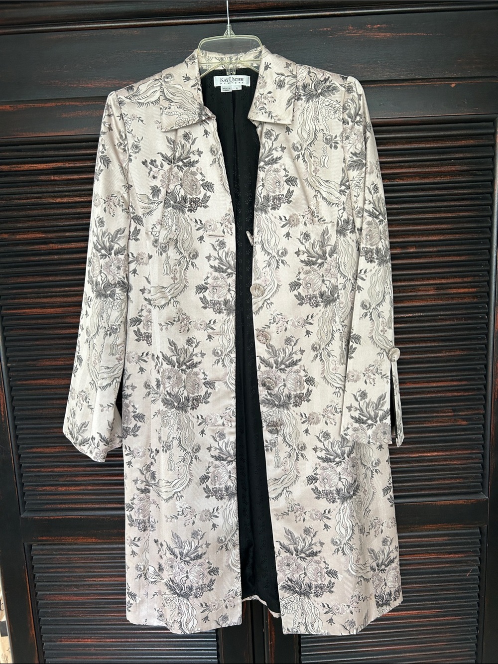 Kay Unger Cream and Gray Floral Brocade Coat